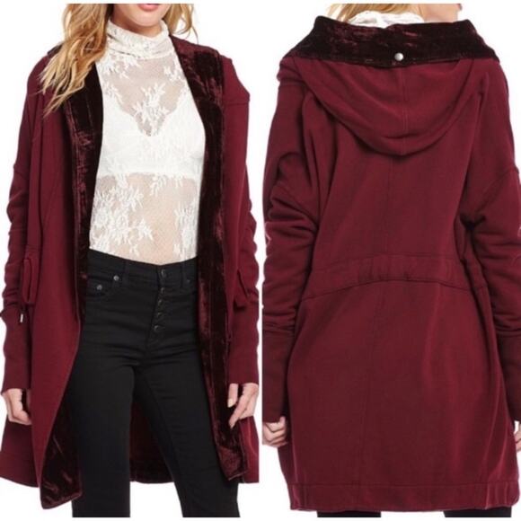 Free People Sweaters Westwood Cardigan Hooded Velvet Trim Relaxed Knit Burgundy - Picture 1 of 13